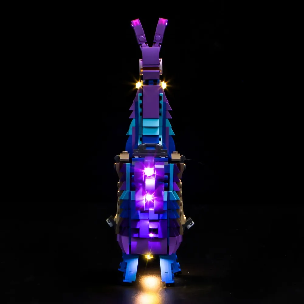 BrickBling light kit installed on the LEGO Fortnite Supply Llama, glowing purple and blue