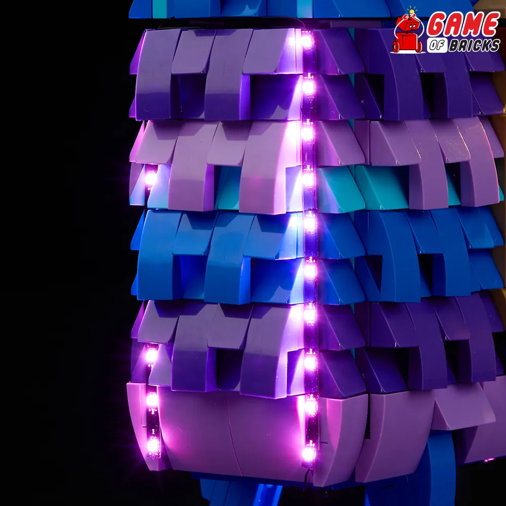 Game of Bricks lighting the llama's eyes and purple accents on the LEGO Fortnite set