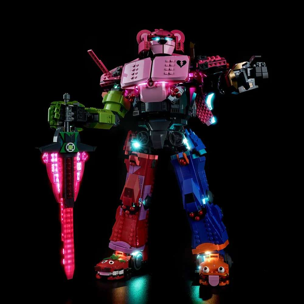 BrickBling light kit for LEGO Fortnite Mecha Team Leader 77078 highlighting cockpit and weapon lights