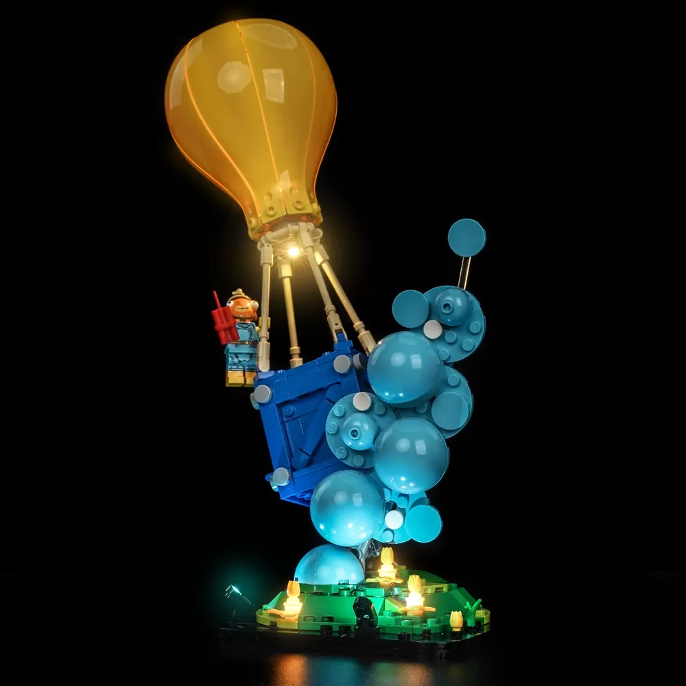 BrickBling light kit for LEGO Fortnite Supply Drop 77080 illuminating the interior crate and landing strip