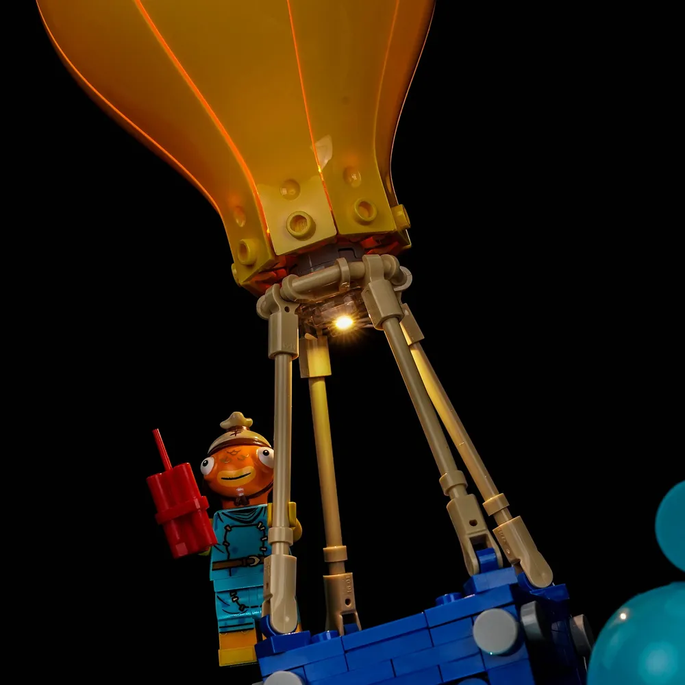 Close-up of BrickBling modular micro-LED wiring on LEGO Fortnite Supply Drop 77080