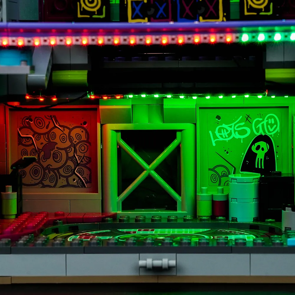 BrickBling LED kit for LEGO Fortnite Rave Cave 77082 highlighting the dance floor