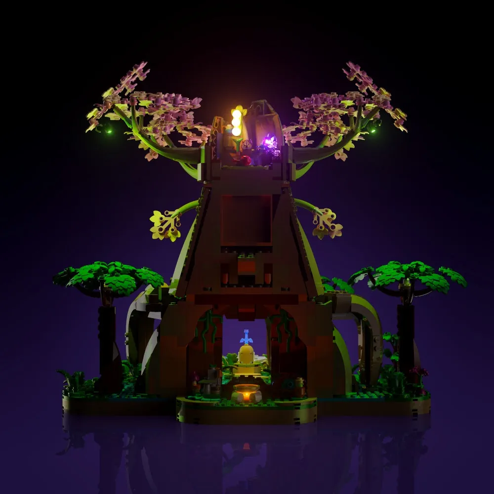 LightMyBricks LED installation on LEGO Great Deku Tree 77092 highlighting cherry blossoms