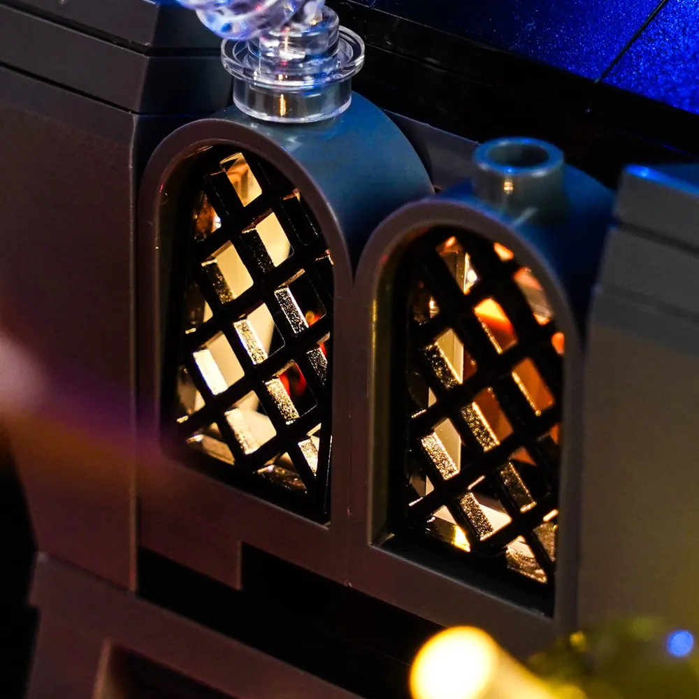 Close-up of BrickBling modular micro-LED wiring on LEGO 77093, showing clean concealment