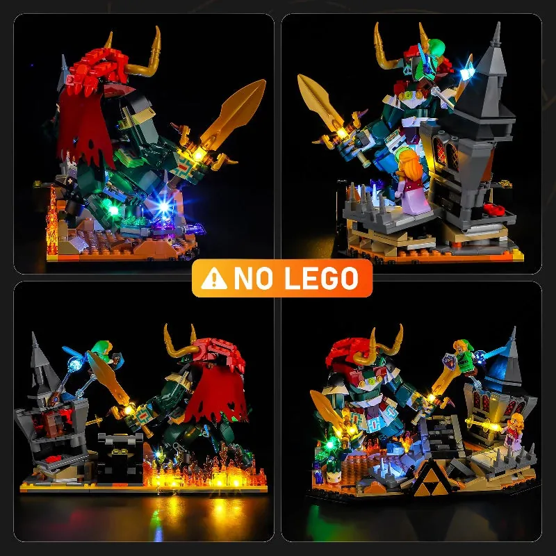 Lightailing's standard edition lighting the crumbling tower and minifigures on LEGO 77093