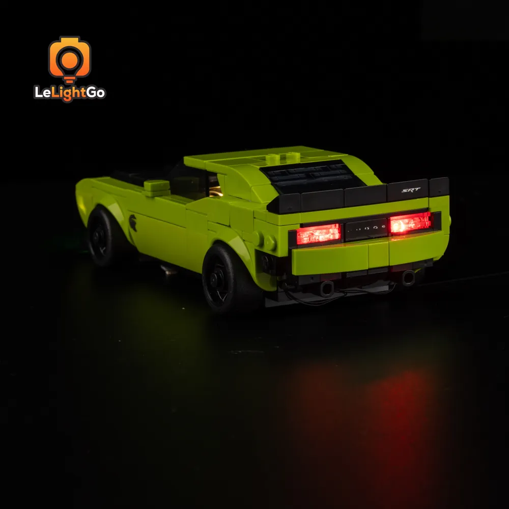 LEGO 77237 Dodge Challenger SRT Hellcat with LeLightGo micro-LED kit in dark room