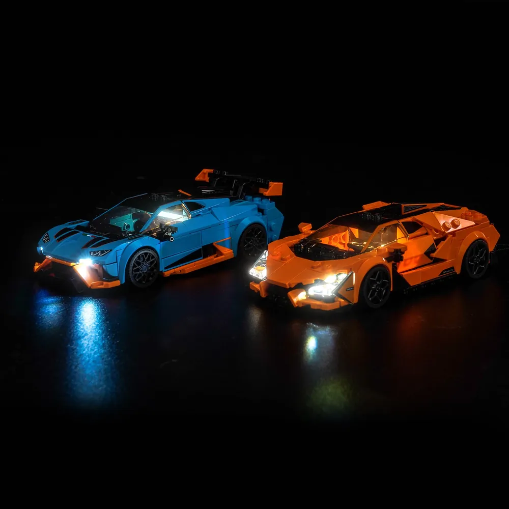 BrickBling LED kit for LEGO Speed Champions Lamborghini Revuelto and Huracan STO 77238 with modular micro-LEDs illuminating headlights and underglow