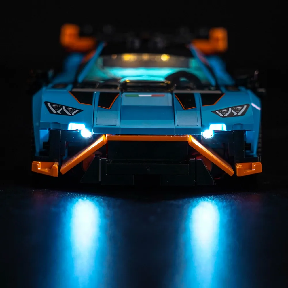 Close-up of BrickBling LED kit for LEGO 77238 showing concealed modular wiring on the Huracan STO