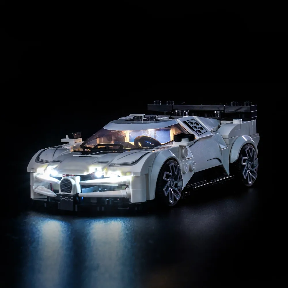 BrickBling LED kit for LEGO Speed Champions Bugatti Centodieci, front and rear lights glowing