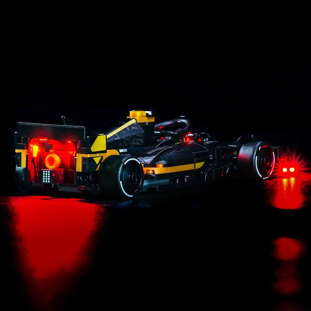 LEGO 77252 APXGP car displaying BrickBling illuminated headlights and taillights