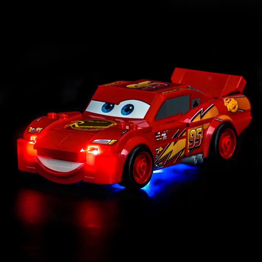 BrickBling LED kit for LEGO Lightning McQueen 77255 showing front headlights lit