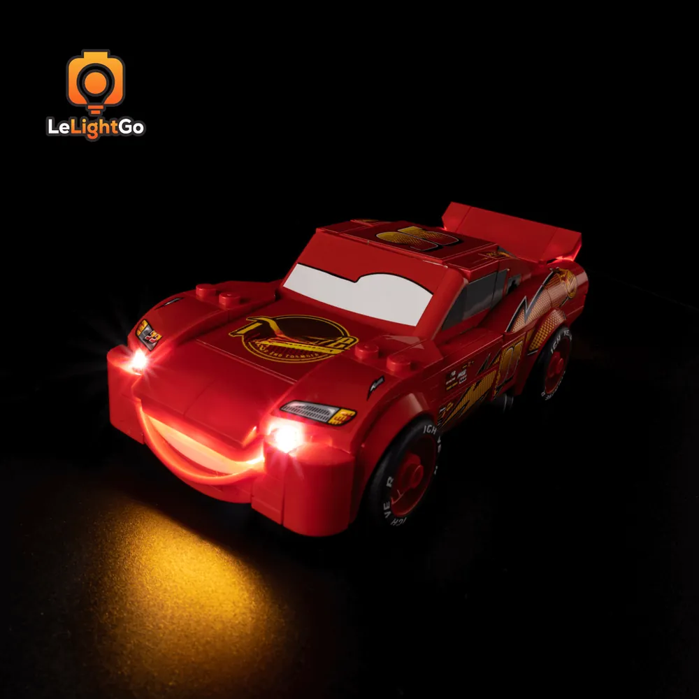 LeLightGo LED kit for LEGO Lightning McQueen 77255 front view with lights on