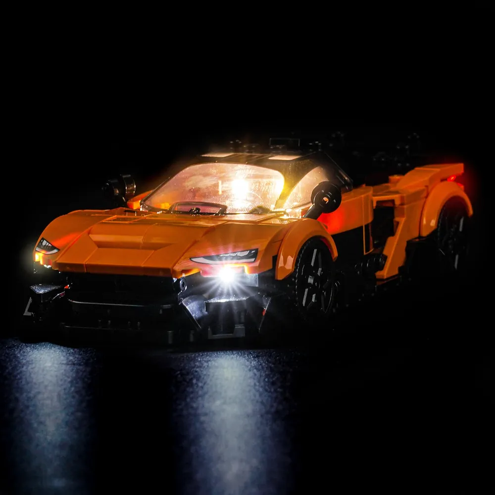 BrickBling LED kit for LEGO McLaren W1 77257 with micro LEDs illuminating headlights and taillights