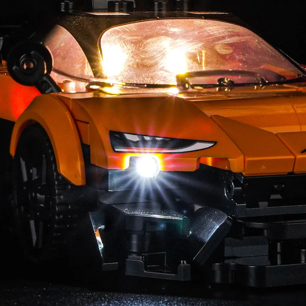 Close-up of BrickBling modular micro-LEDs on LEGO McLaren W1 77257 chassis