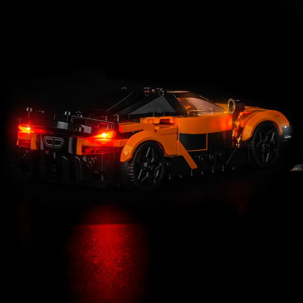 LEGO McLaren W1 77257 with BrickBling lights in a dark room