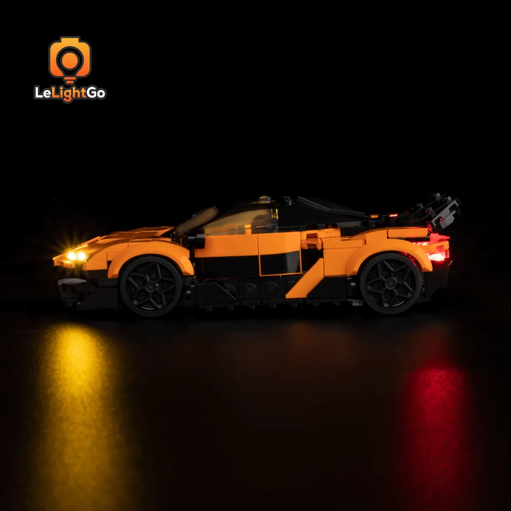 LEGO McLaren W1 77257 with LeLightGo lights in a display case
