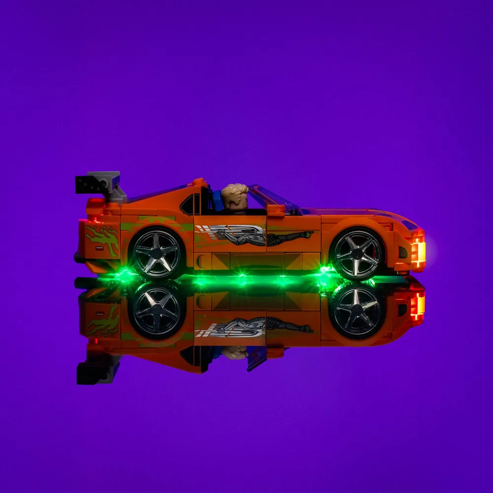 LightMyBricks premium LED kit for LEGO Speed Champions Toyota Supra MK4 with underbody glow