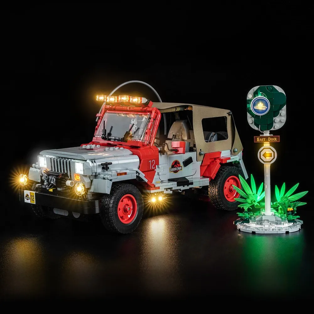 BrickBling LED kit for LEGO Jurassic Park Jeep Wrangler 77984 highlighting headlights and taillights