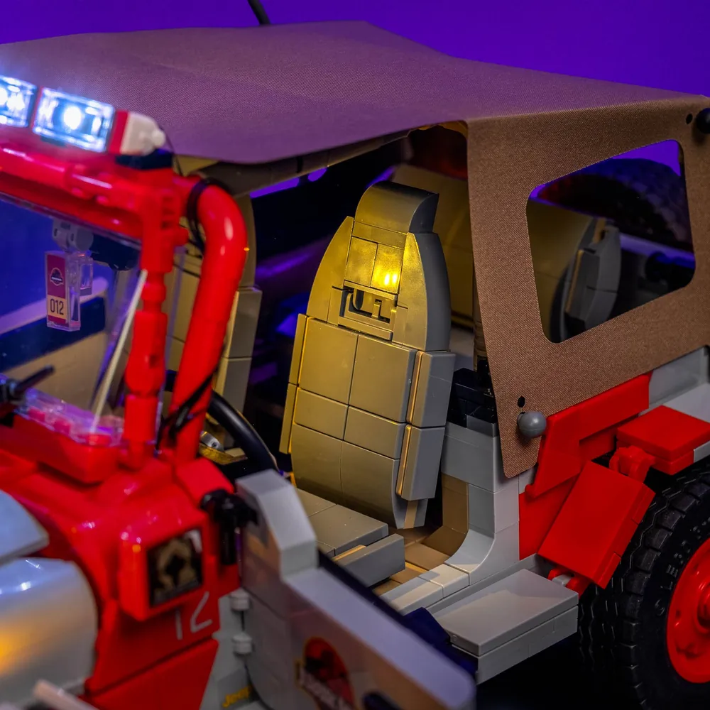 LightMyBricks installation on LEGO Jurassic Park Jeep showing full illumination