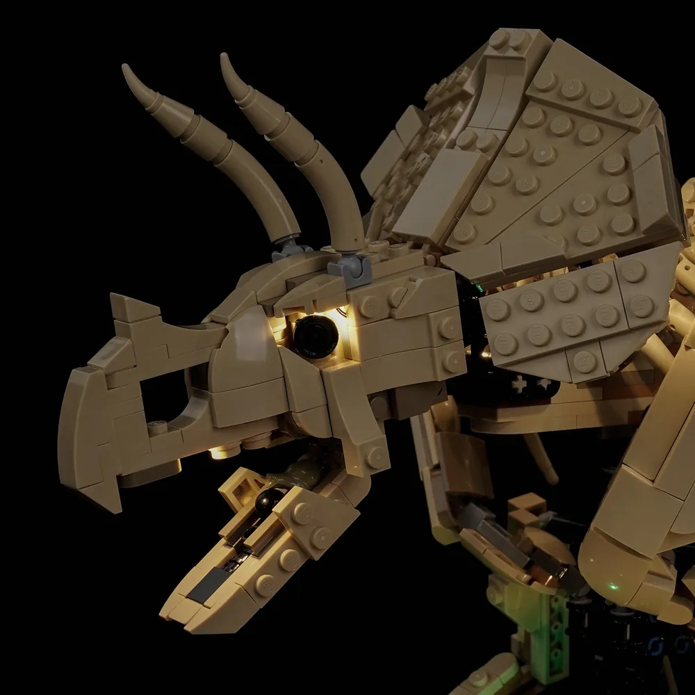 Close-up of BrickBling modular micro-wires on Triceratops fossil