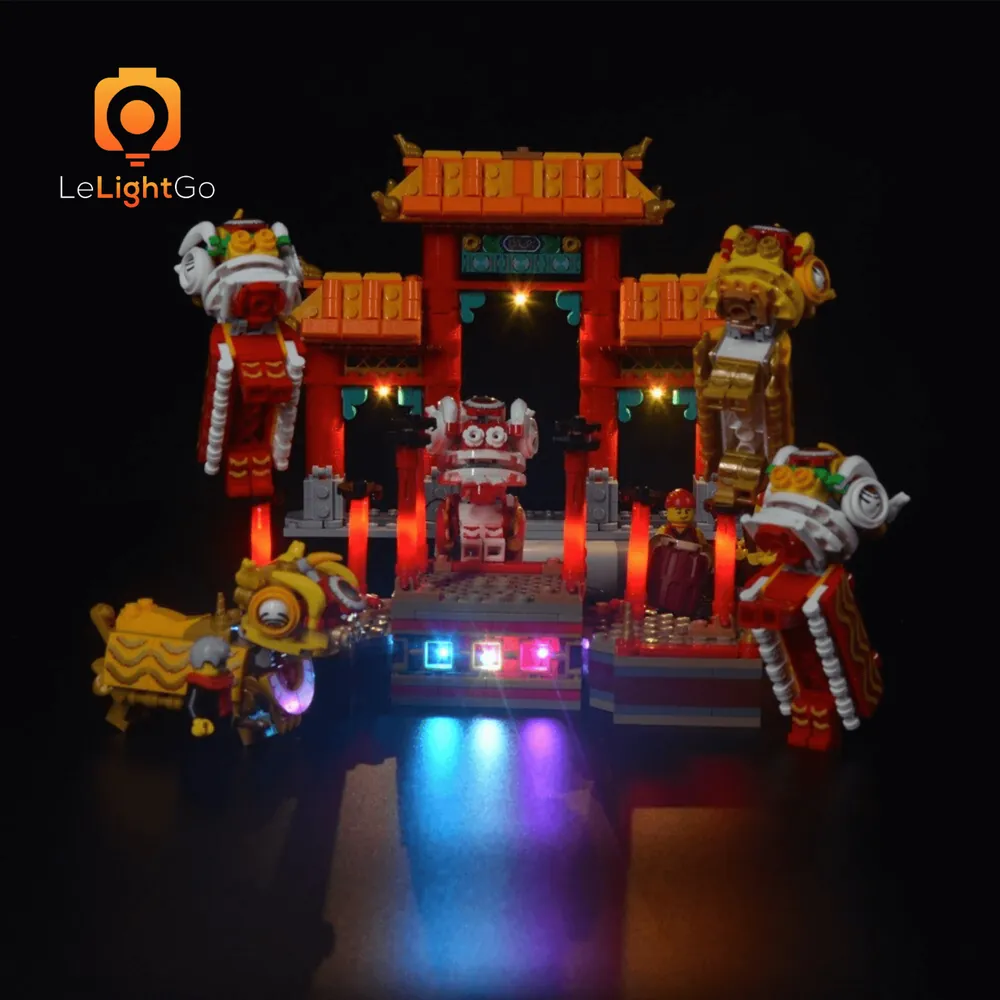 LeLightGo light kit for LEGO Lion Dance 80104 illuminating the lion's face and stand