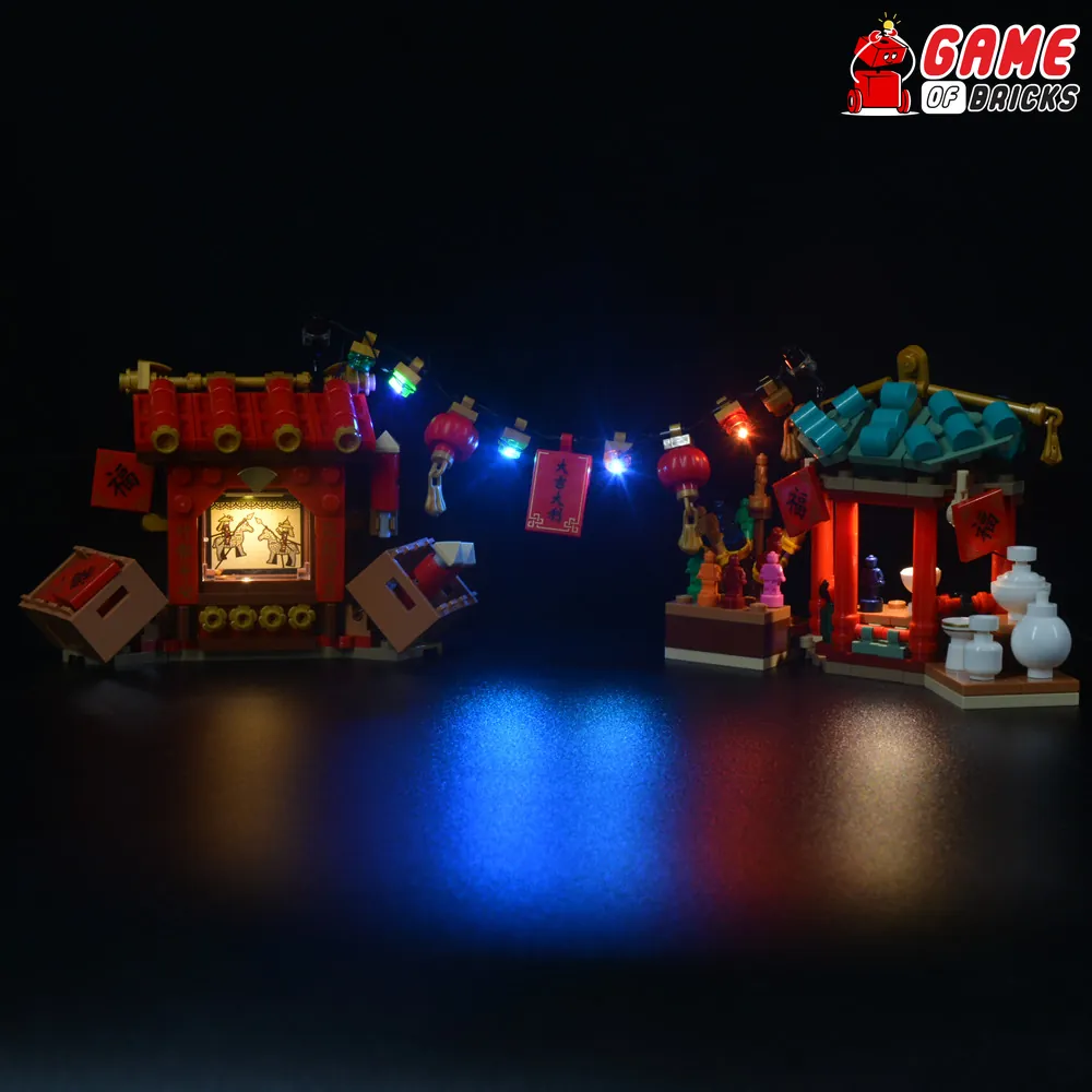 LEGO 80105 Temple Fair glowing under Game of Bricks lights