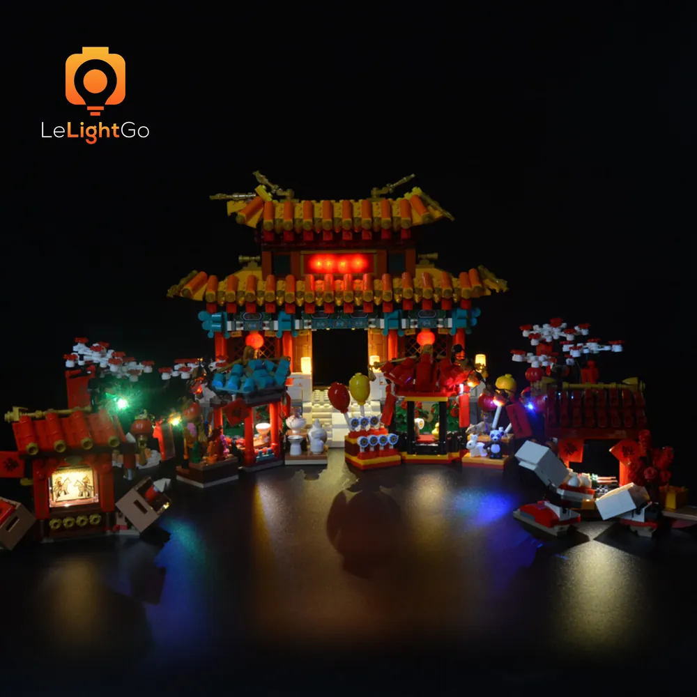 LeLightGo LED kit shining on LEGO 80105 Temple Fair central temple and stalls