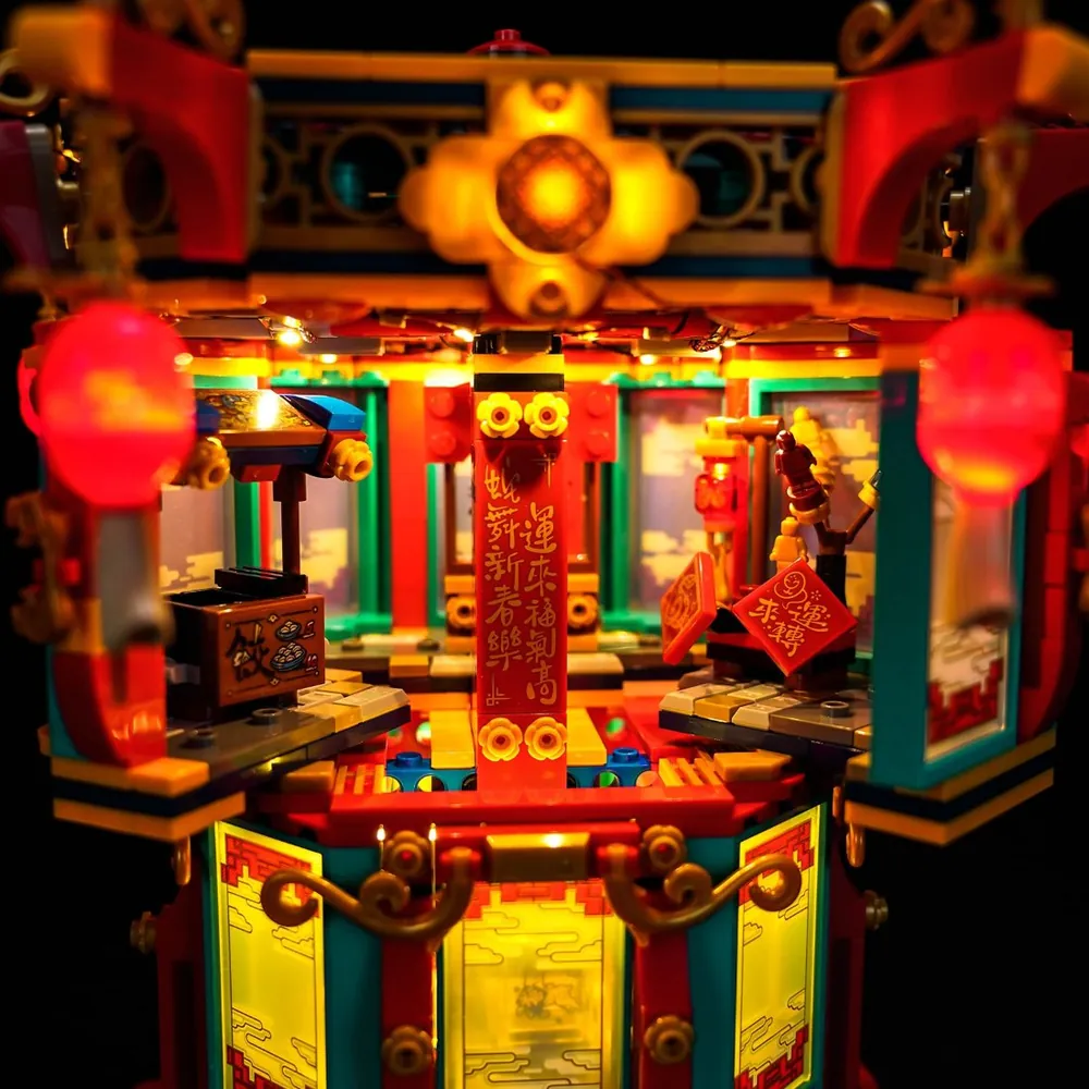 Close-up of BrickBling LED modules hidden within the LEGO lantern structure