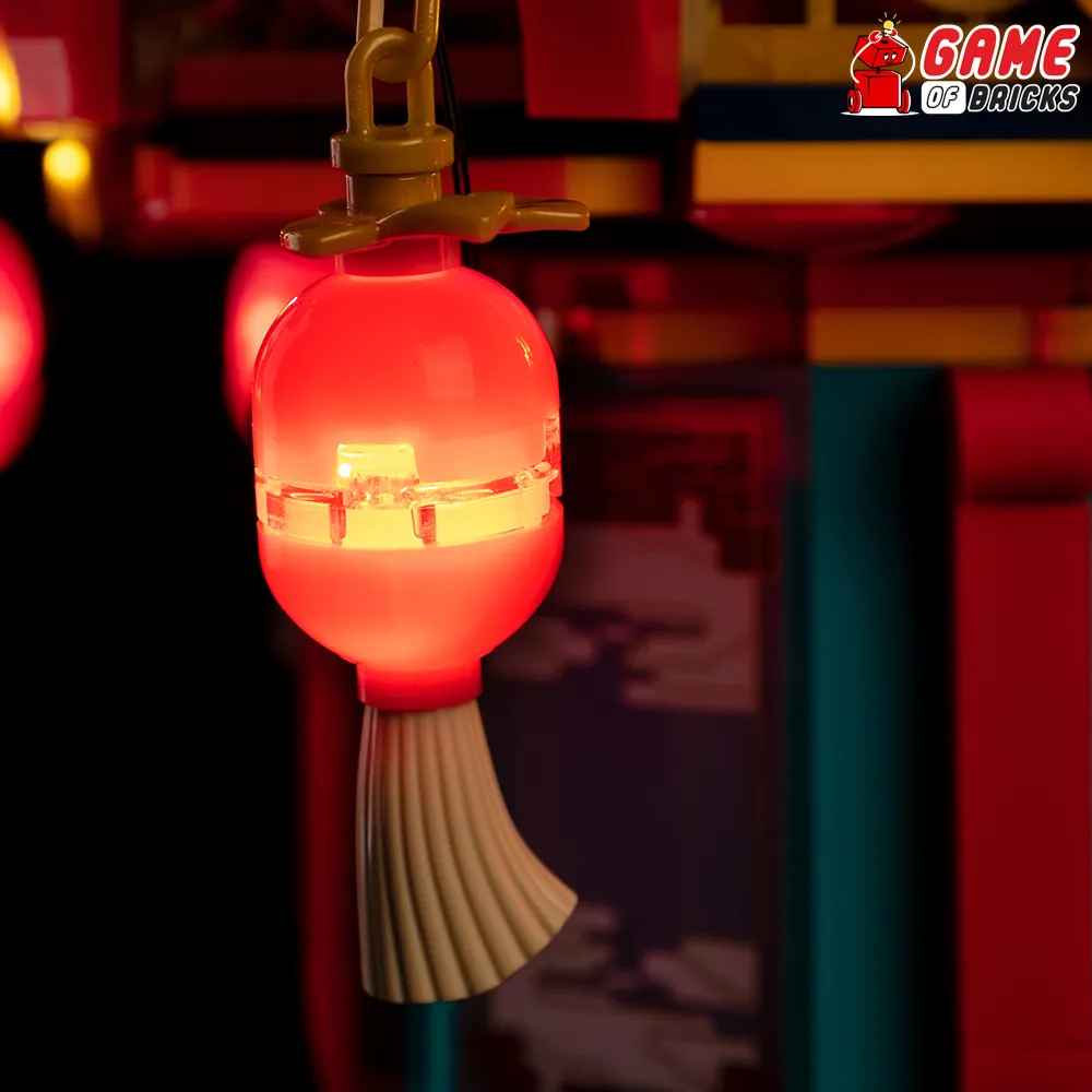 Game of Bricks LED strips highlight the lantern's red and gold details