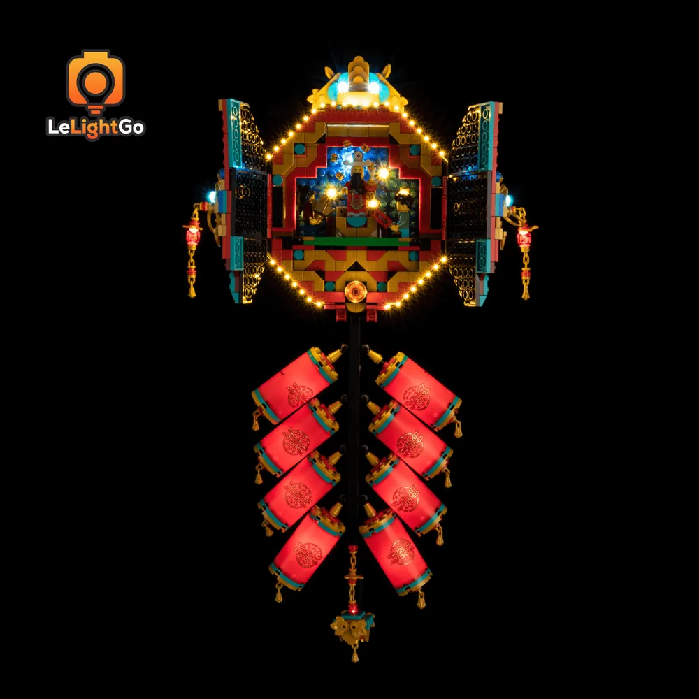 Remote-controlled LeLightGo LED kit enhancing LEGO Fortune Firecracker display