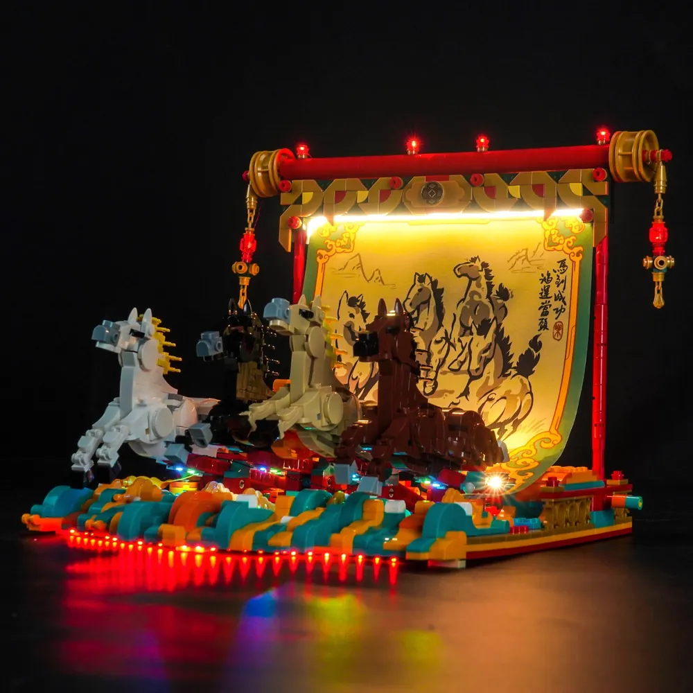 BrickBling LED kit for LEGO Galloping Horses Canvas illuminating the scroll and horses with warm white lights