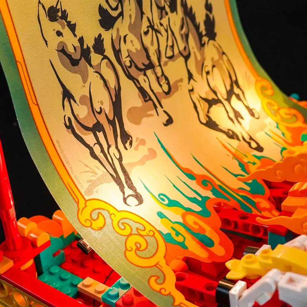 Close-up of BrickBling modular micro-LEDs wiring on LEGO 80119 Galloping Horses Canvas