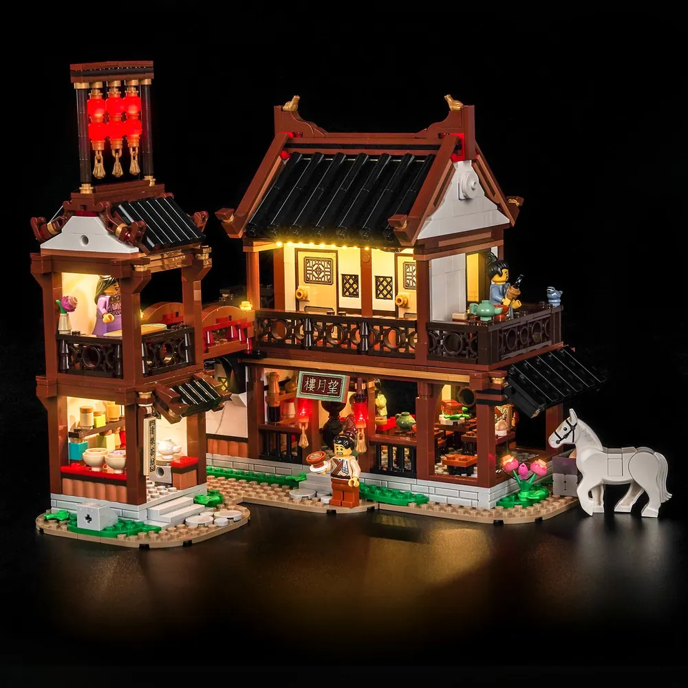 BrickBling LED kit lighting up the LEGO Ancient Moon-Gazing Inn 80121 modular micro-LEDs