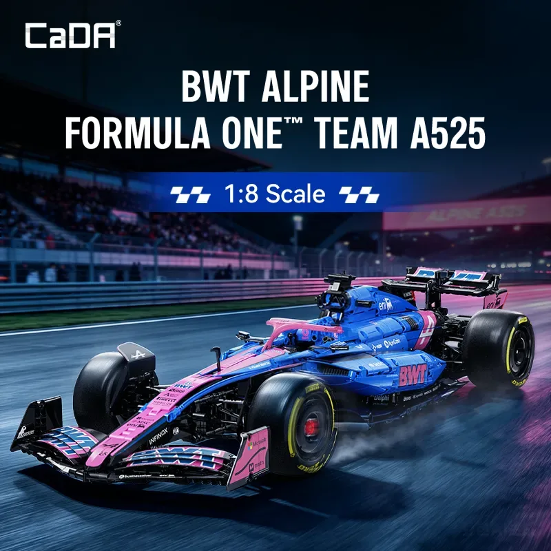 CaDA BWT Alpine A525 Formula 1 car building set on a race track with motion blur.
