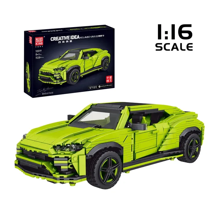 Full shot of the lime green Mould King 10019 Urus brick model on a white background, with its product box displaying the same model and "1:16 SCALE" text beside it.