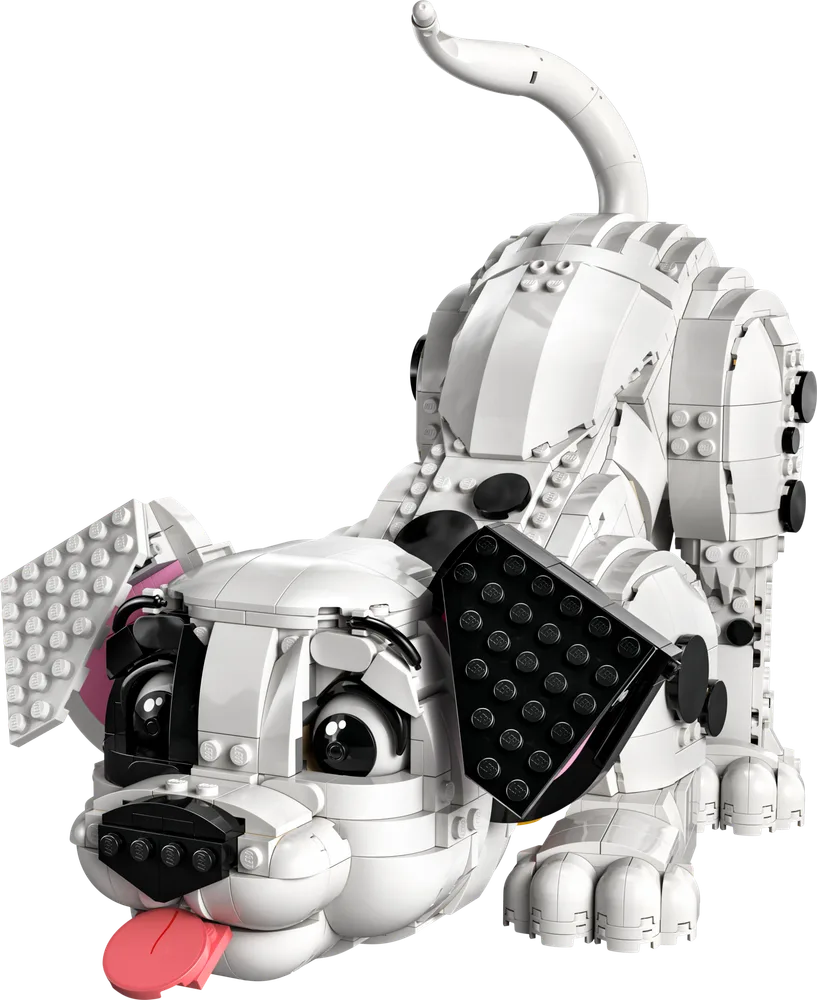 A LEGO-built Dalmatian puppy in a playful bowing pose with tongue sticking out.