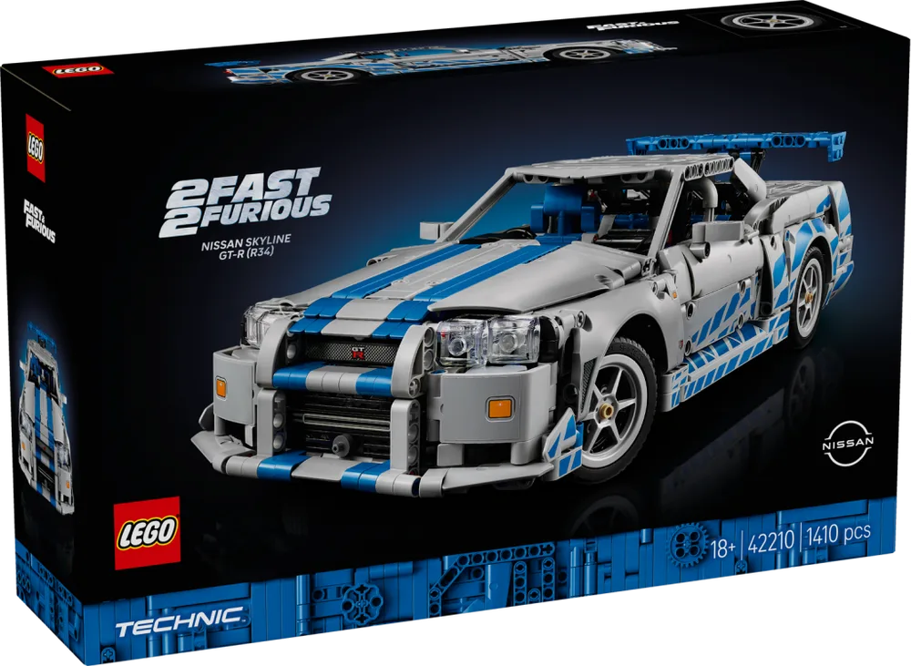 Front view of the LEGO Technic 2 Fast 2 Furious Nissan Skyline GT-R (R34) Car 42210 set box, showcasing the completed model.
