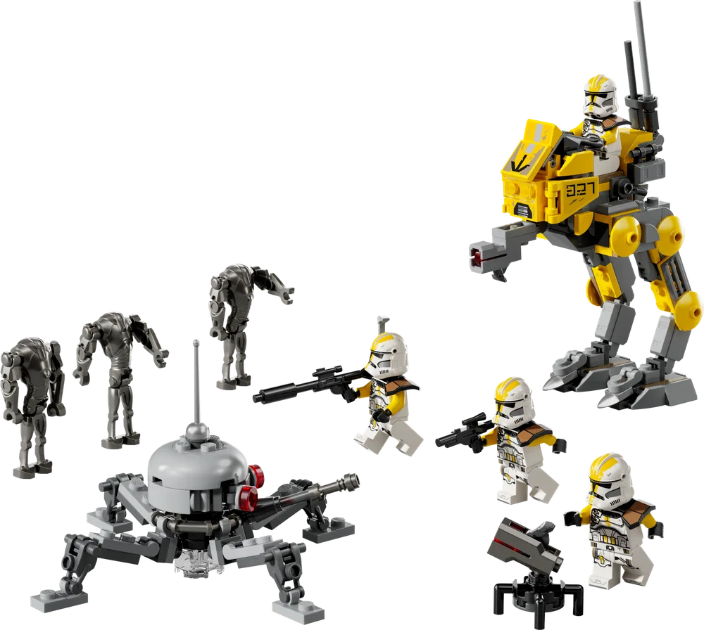 Full LEGO Star Wars 327th Star Corps Battle Pack with an AT-RT walker, Spider Droid, three Clone Troopers, and three Super Battle Droids ready for battle.