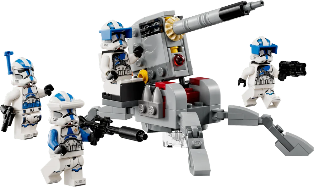 A LEGO Star Wars 501st Battle Pack scene with four Clone Troopers and a cannon, ready for action.