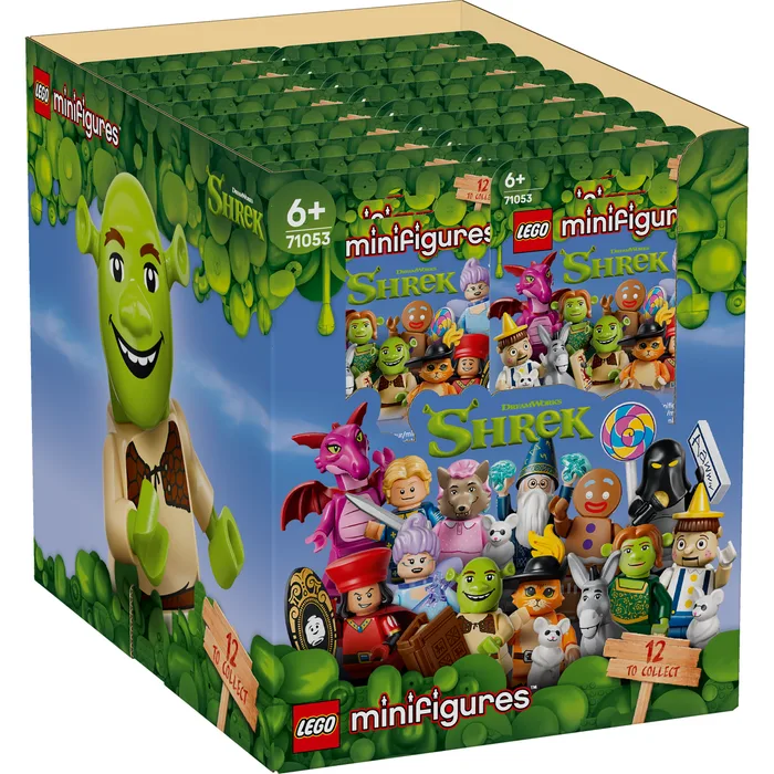 A large display box containing multiple individual LEGO Minifigures Shrek Series (71053) mystery boxes. The packaging features a large image of Shrek and outlines that there are 12 characters to collect.