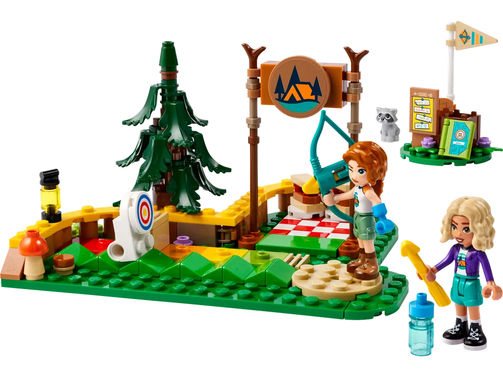LEGO Friends minifigure Autumn aims a teal bow at a target, while Nova stands by, next to a tall green tree and an archery camp sign.
