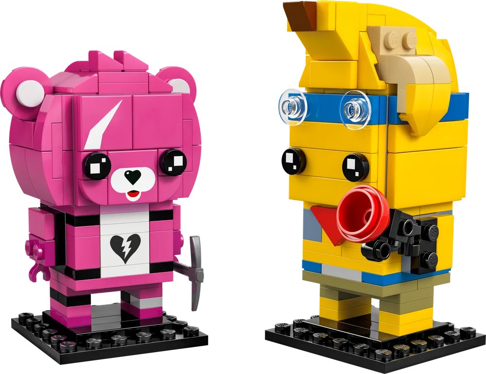 LEGO BrickHeadz figures of Adventure Peely and Cuddle Team Leader standing on black plates against a white background.