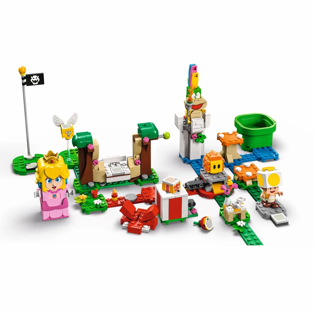 Full overview of the LEGO Super Mario Adventures with Peach Starter Course, showing Princess Peach, Lemmy Koopa, Toad, a Lava Bubble, and various course elements like a swing, gift block, and goal pole.