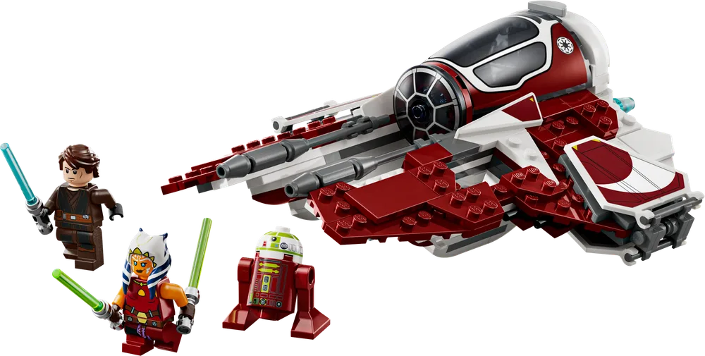 LEGO Star Wars Ahsoka Tano's Jedi Interceptor 75401 with Ahsoka Tano, Anakin Skywalker, and R7-A7 minifigures against a white background.