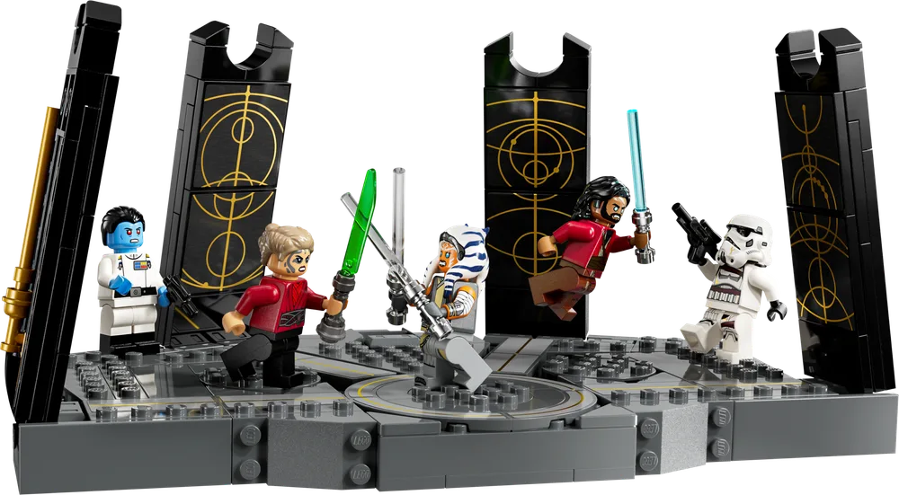 Ahsoka Tano, Baylan Skoll, Shin Hati, Grand Admiral Thrawn, and a Night Trooper minifigures engage in a dynamic duel on a spinning dark grey platform with gold-detailed pillars.