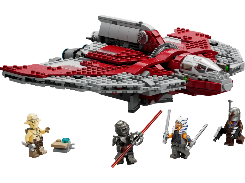 The LEGO Star Wars Ahsoka Tano's T-6 Jedi Shuttle set 75362 with 601 pieces and four minifigures, including Ahsoka Tano, Sabine Wren, Professor Huyang, and Marrok, displayed against a white background.