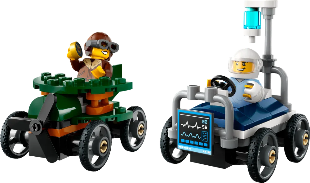 Two custom-built LEGO race cars, one green propeller-driven and one a white and blue hospital bed, both with minifigure drivers.