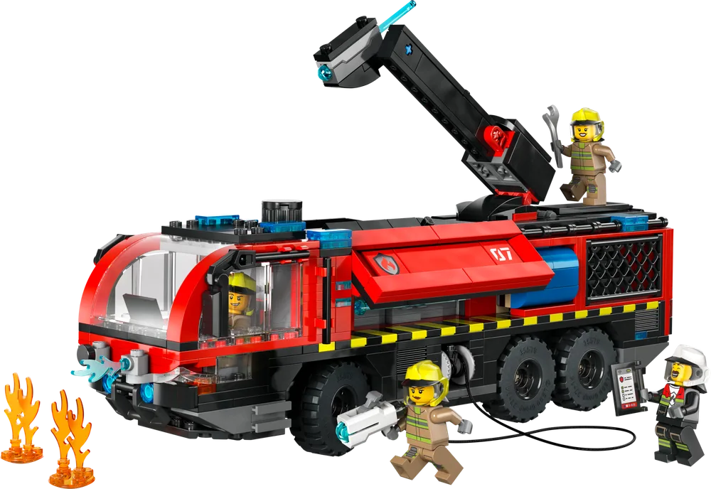 Full view of the LEGO City Airport Fire Rescue Truck, featuring an articulated water cannon, multiple minifigures, and fire accessories.