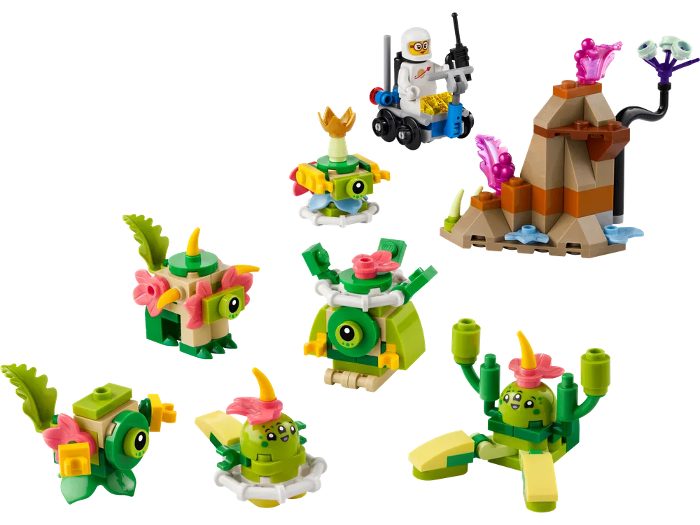 A collection of vibrant green and pink alien creatures, an astronaut on a hover chair, and a rocky alien landscape with a lava flow.