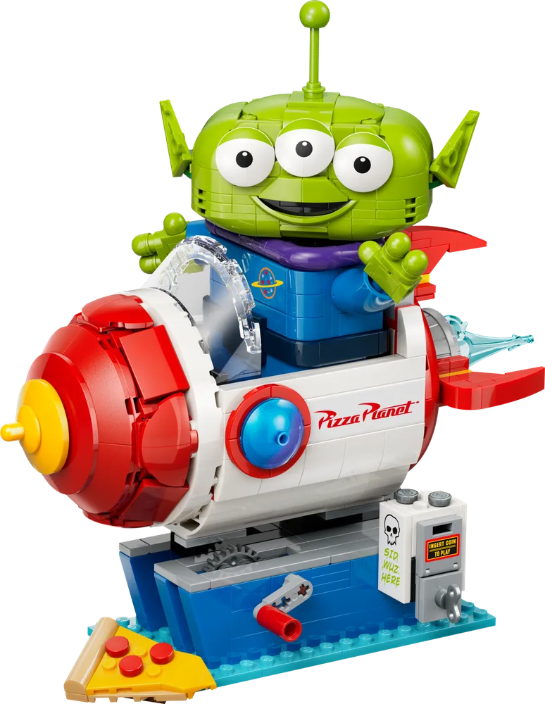 A close-up shot of the LEGO Disney and Pixar Alien on his Pizza Planet rocket ride, showcasing the detailed build.